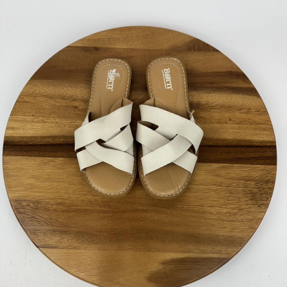 New Womens Born Ilana Ivory Leather Comfort Casual Slide Sandals Size 6 M NWOB